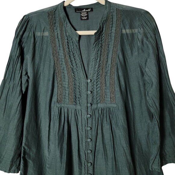 Willi Smith Womens Silk Blend Boho Peasant Pleated Bell Sleeve Button Up Top L - Picture 3 of 10